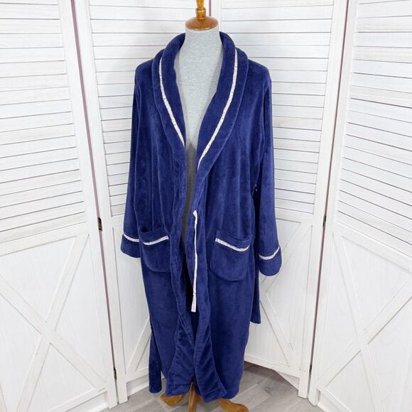Victorias Secret Logo Ribbon Trim Fleece Bathrobe Robe Blue Small - Picture 7 of 12